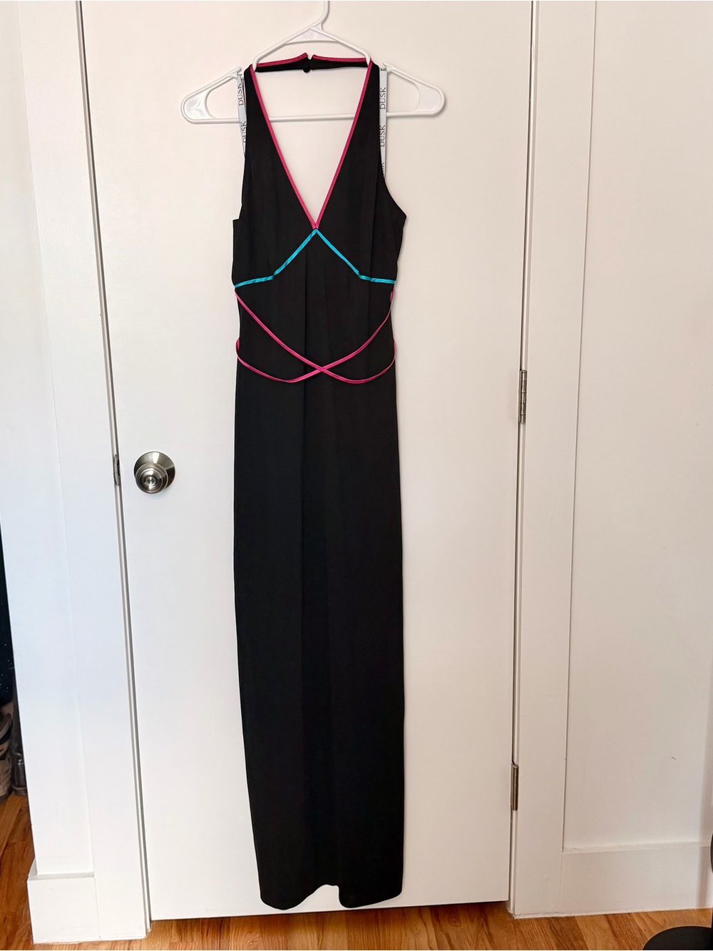 Black Vintage Dusk V-Neck Maxi Dress with Pink and Teal Trim